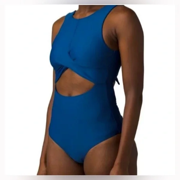 NWOT prAna Corinne One Piece Swimsuit Indigo Blue Size Medium Cut Out High Neck - Picture 2 of 9